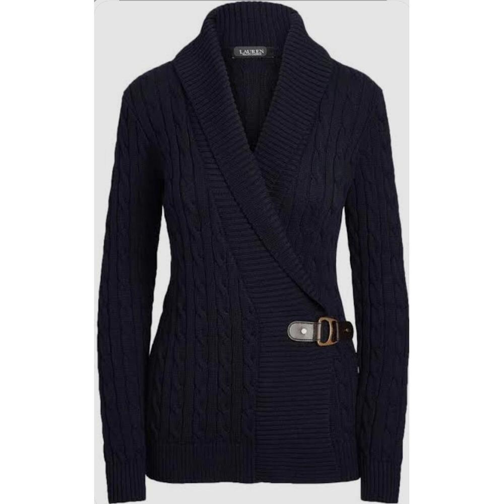Lauren Ralph Lauren Cable Knit Buckled Cardigan Sweater Navy Blue Women’s XS - Picture 6 of 6